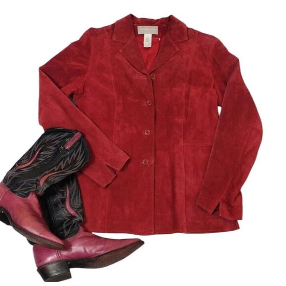 VTG 90s Red Genuine Leather Suede Single Breasted Blazer Jacket Medium - Picture 4 of 15